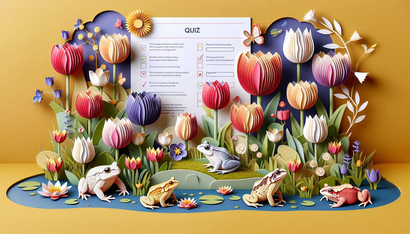 Paper art illustration for Tulips Toad Quiz on a golden yellow background