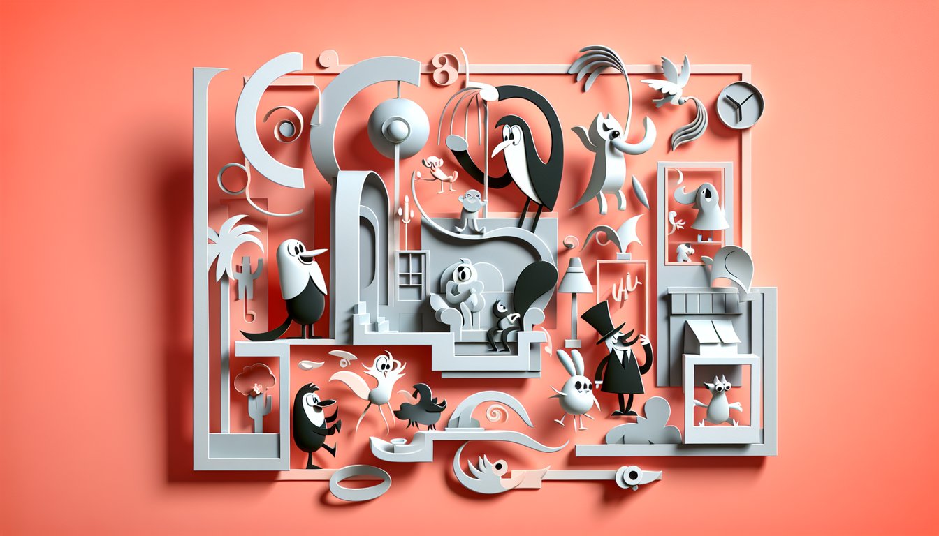 Paper art illustration shows playful personality quiz invitation on coral background with Looney Toon themed cutout shapes