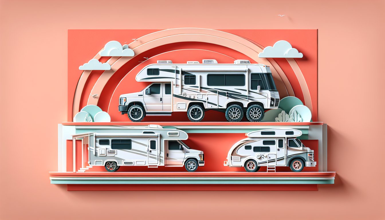 Paper art illustration with three RV styles adventure rig, family cruiser, luxury motorhome on coral background.