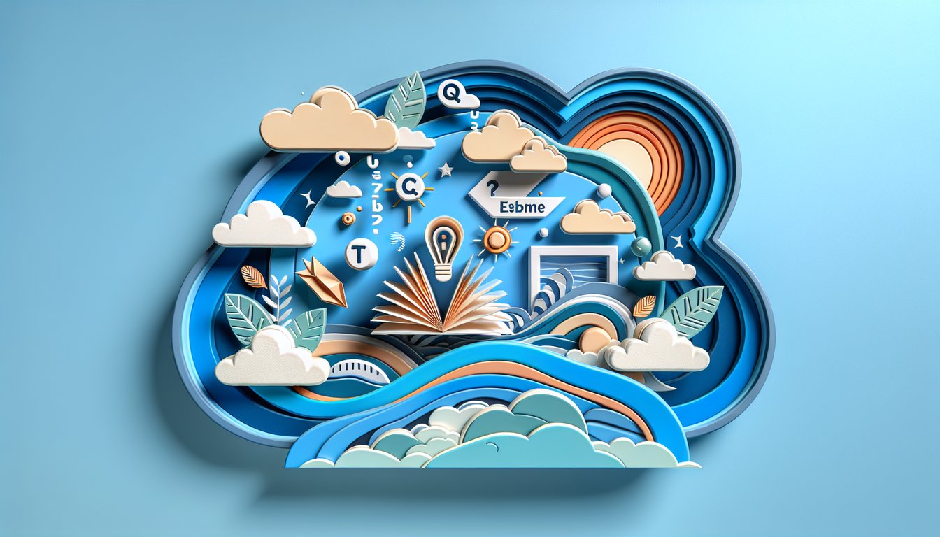 Paper art illustration promoting a free synonyms trivia quiz on a sky blue background.