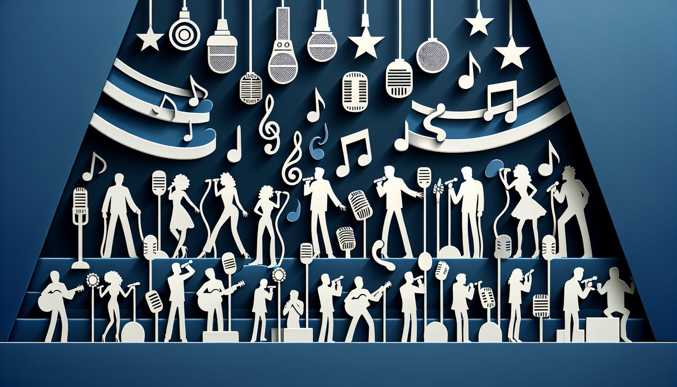 Paper art illustration for a personality quiz to discover your singer match on dark blue background
