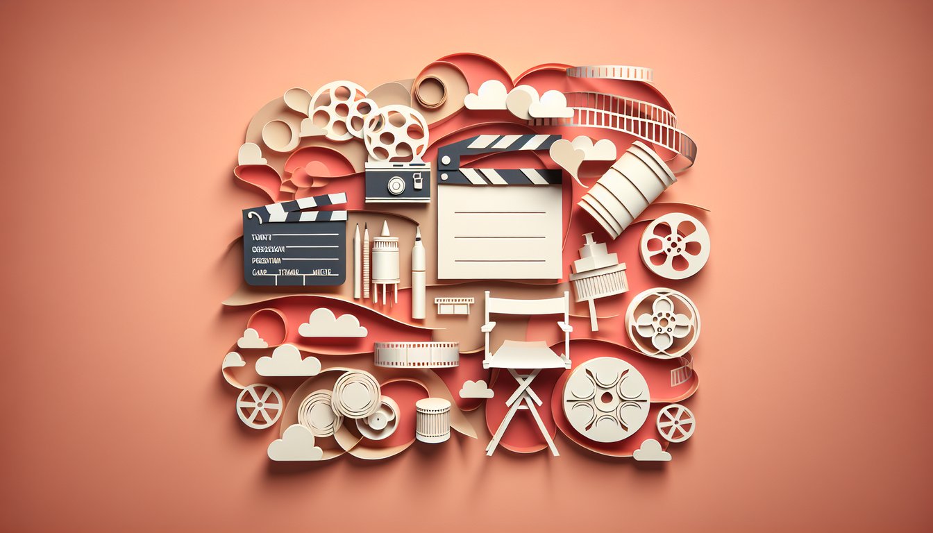 Paper cutout camera, clapperboard, film reel and question mark on coral background promoting a movie director quiz