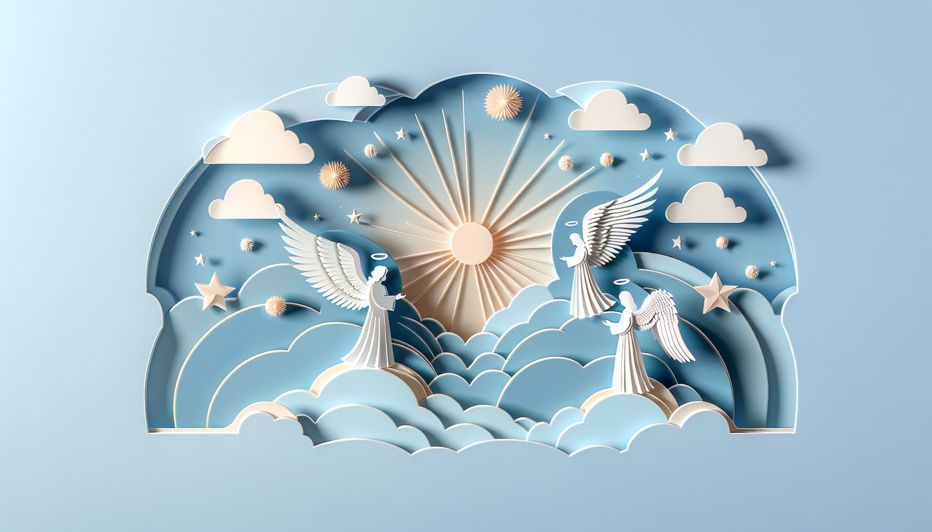Paper art angel wings and stars above clouds on sky blue background quiz to discover your guardian angel name