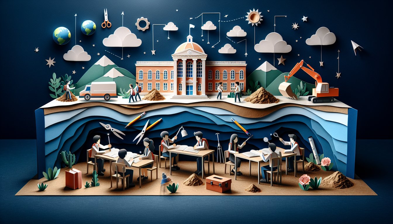 Colorful paper art promoting Digging Into Holes, a high school Earth science quiz.