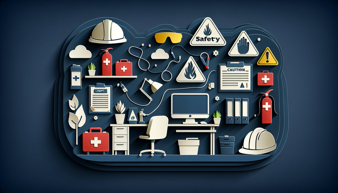 Paper cutout scene showing quiz page checklist pencil safety helmet gloves and hazard sign on dark blue background