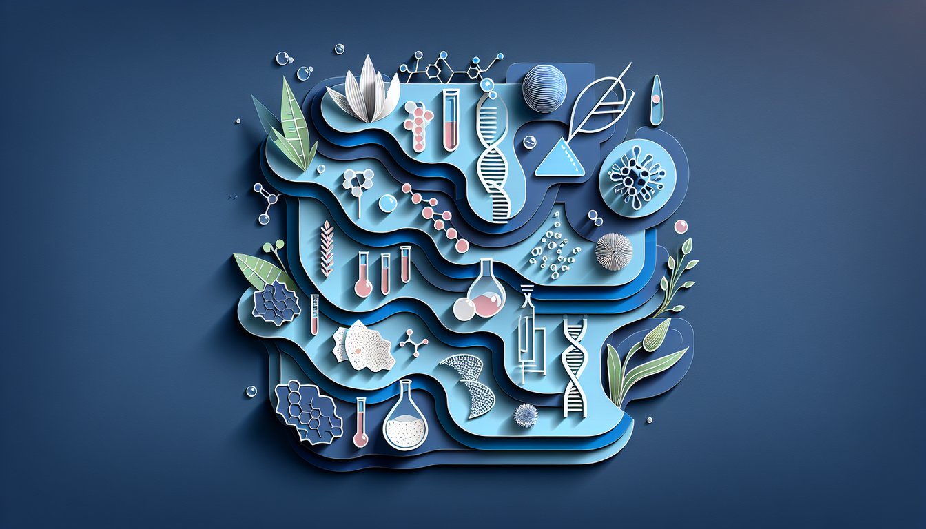 Paper art illustration for biology trivia quiz on dark blue background