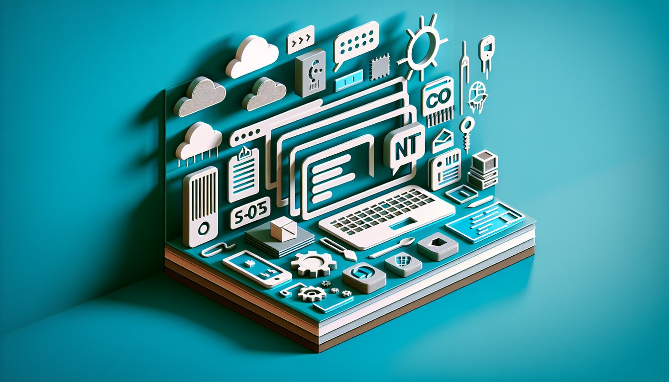 Paper art illustration for DotNET quiz on teal background with layered paper code icons C sharp frameworks tools