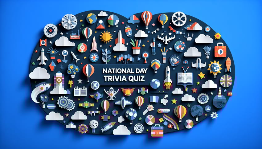 Colorful paper art promoting a fun National Day Trivia Quiz.