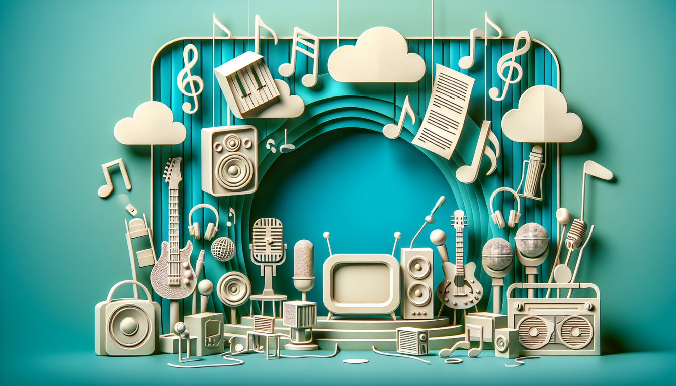 Paper art illustration for Full House theme song quiz with cards music notes and Test Your Knowledge on teal background