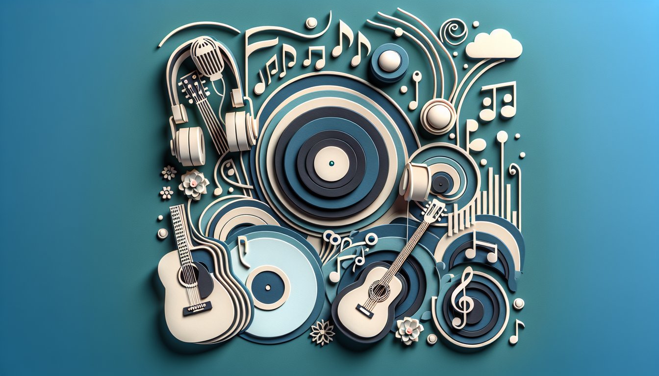 Paper art illustration with headphones records and music notes on teal background promoting music taste personality quiz