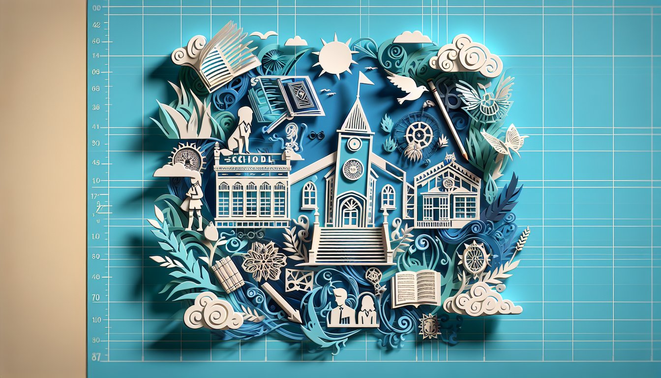 Paper art collage with character silhouettes twist icons books question marks Nevermore Academy crest on sky blue background