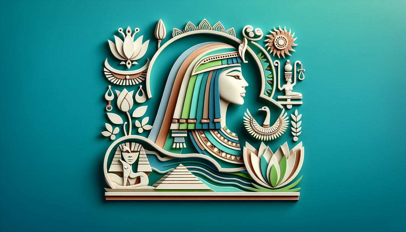 Paper-art illustration of Cleopatra trivia quiz with stylized queen profile, hieroglyphs on teal background.