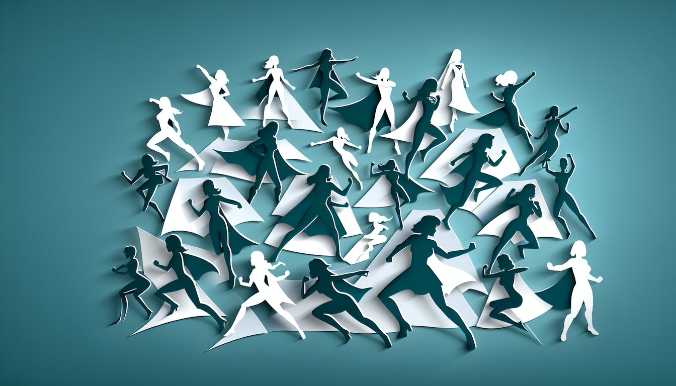 Paper art illustration showing silhouettes of DC female superheroes on teal background with quiz title text
