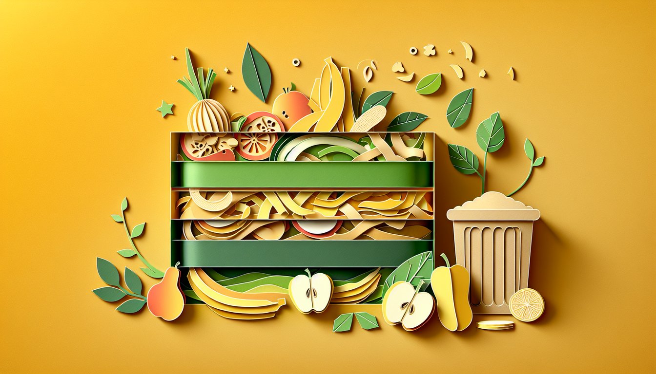 Paper art compost quiz illustration with leaves fruit scraps coffee grounds on golden yellow background.