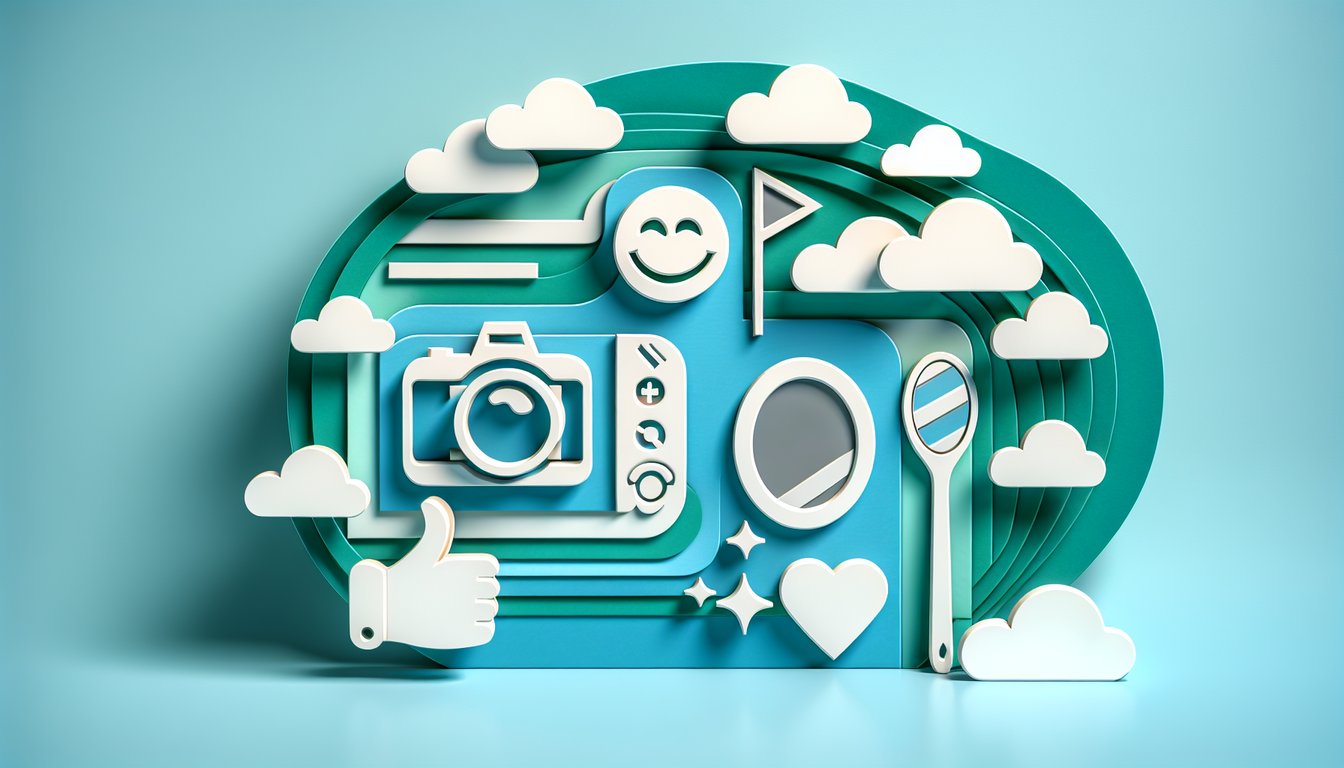 Paper art illustration teal backdrop camera silhouette selfie stars quiz to test photogenic charm and boost confidence