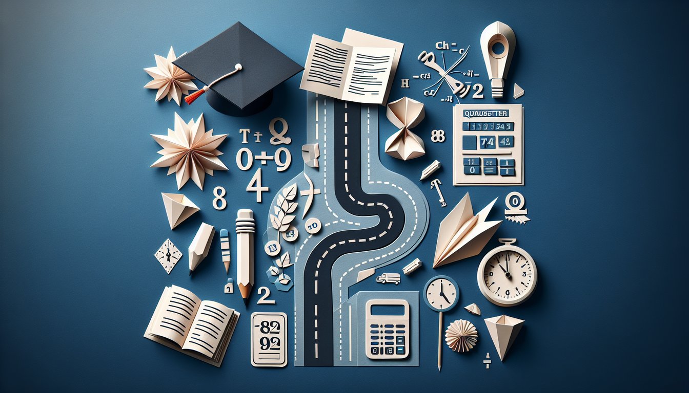 Colorful paper art promoting a PCT Power Prep math trivia quiz for high school students