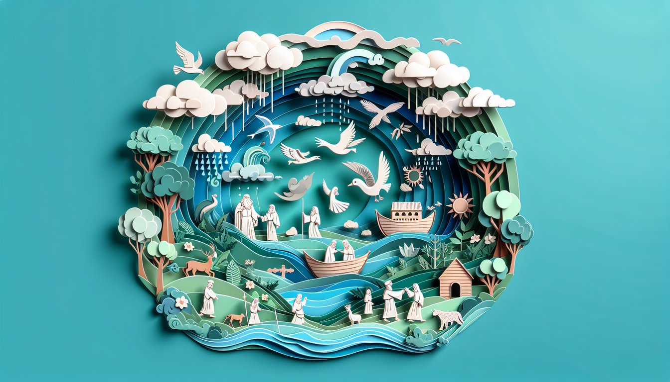paper art illustration for Genesis quiz challenge with creation symbols sun moon animals plants on teal background