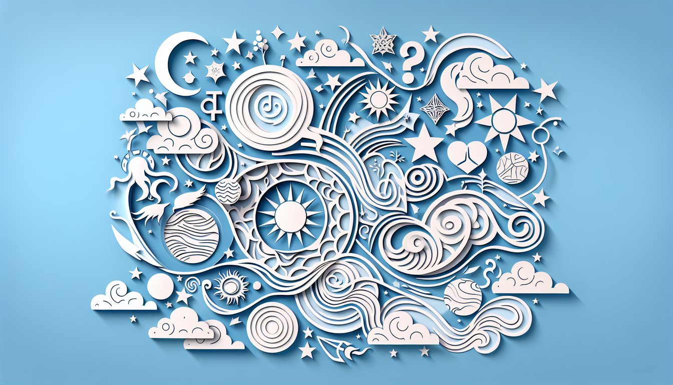 Paper art illustration showing zodiac symbols and stars on sky blue background for free astrological energy quiz