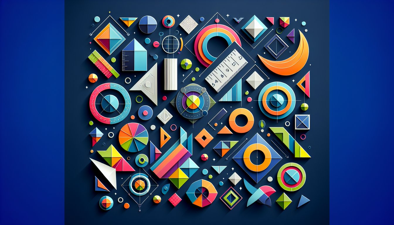 Colorful paper art promoting an interactive geometry quiz for high school students.