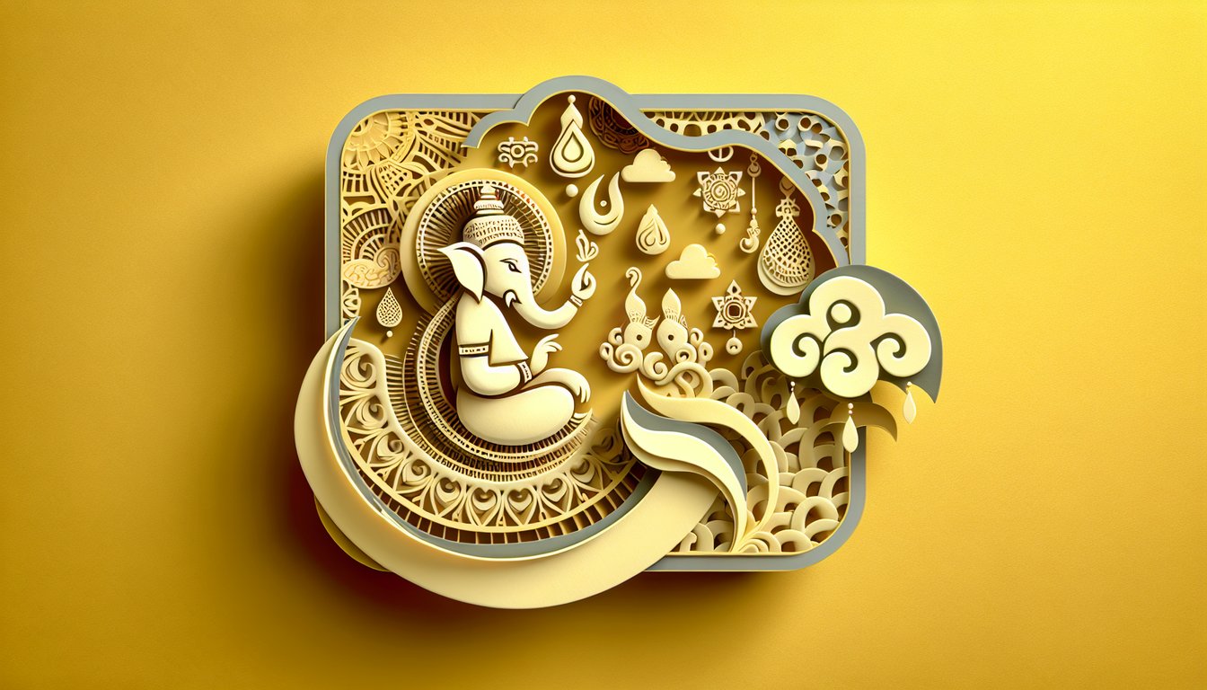 Paper art style Lord Ganesh head with quiz icons and text on a golden yellow background.
