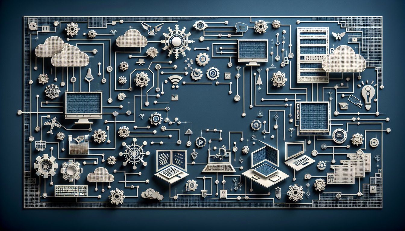 Colorful paper art displaying various digital workplace icons for a knowledge test quiz