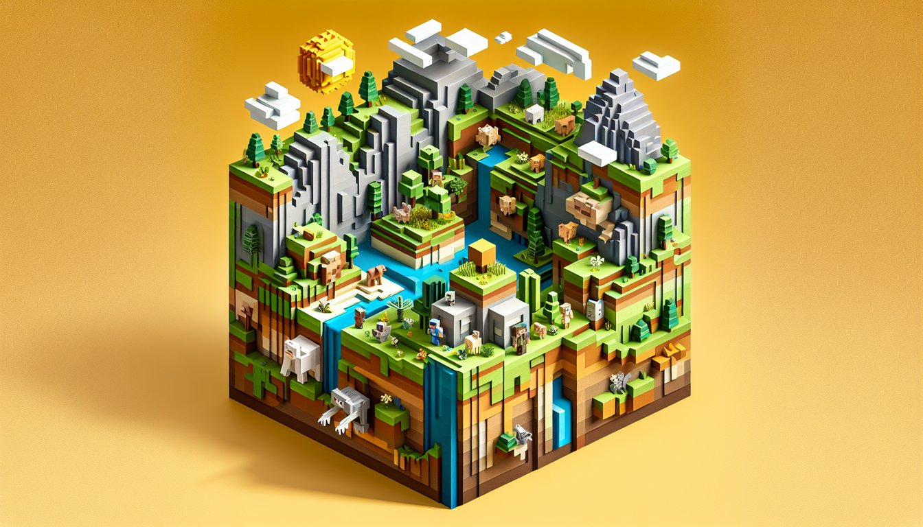 Paper art illustration with Minecraft block shapes pickaxe and quiz banner over golden yellow background