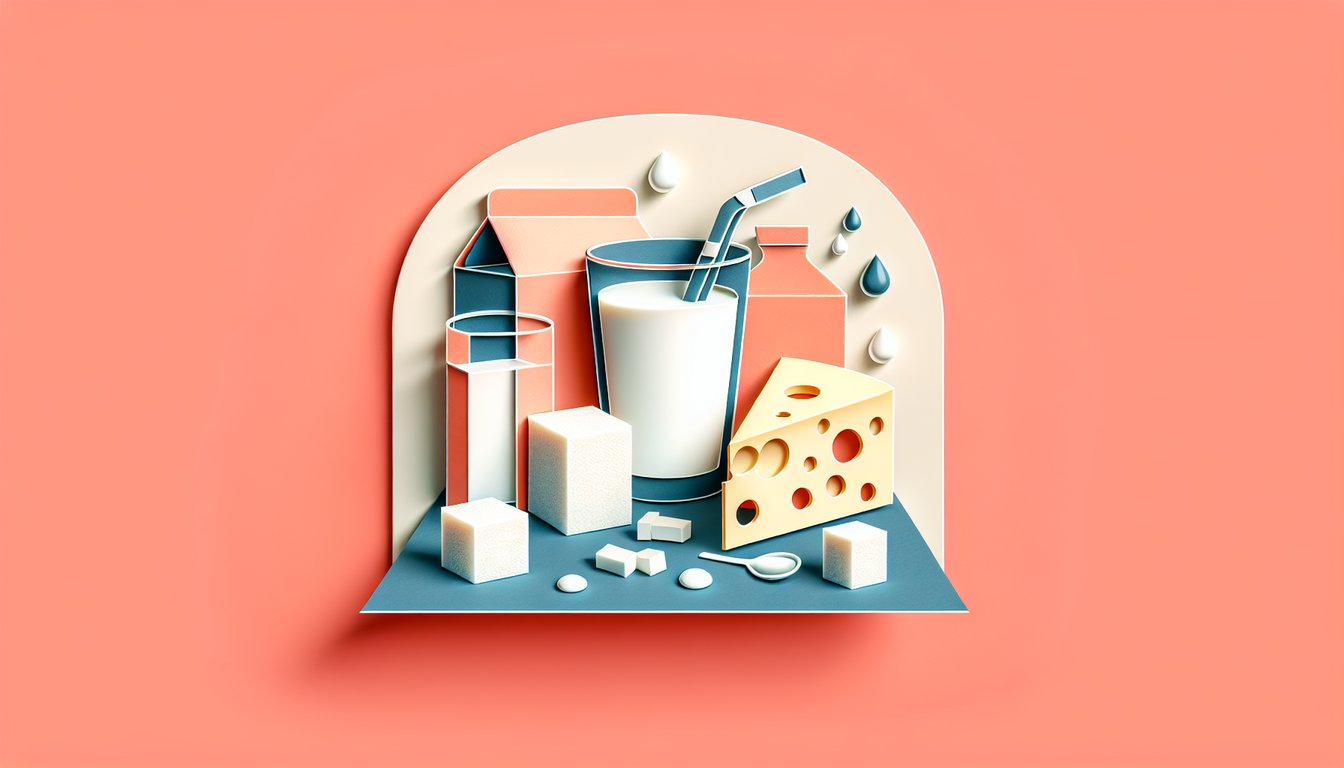 Paper art illustration of cracked milk glass, sugar cubes, spoon on coral background for lactose intolerance quiz