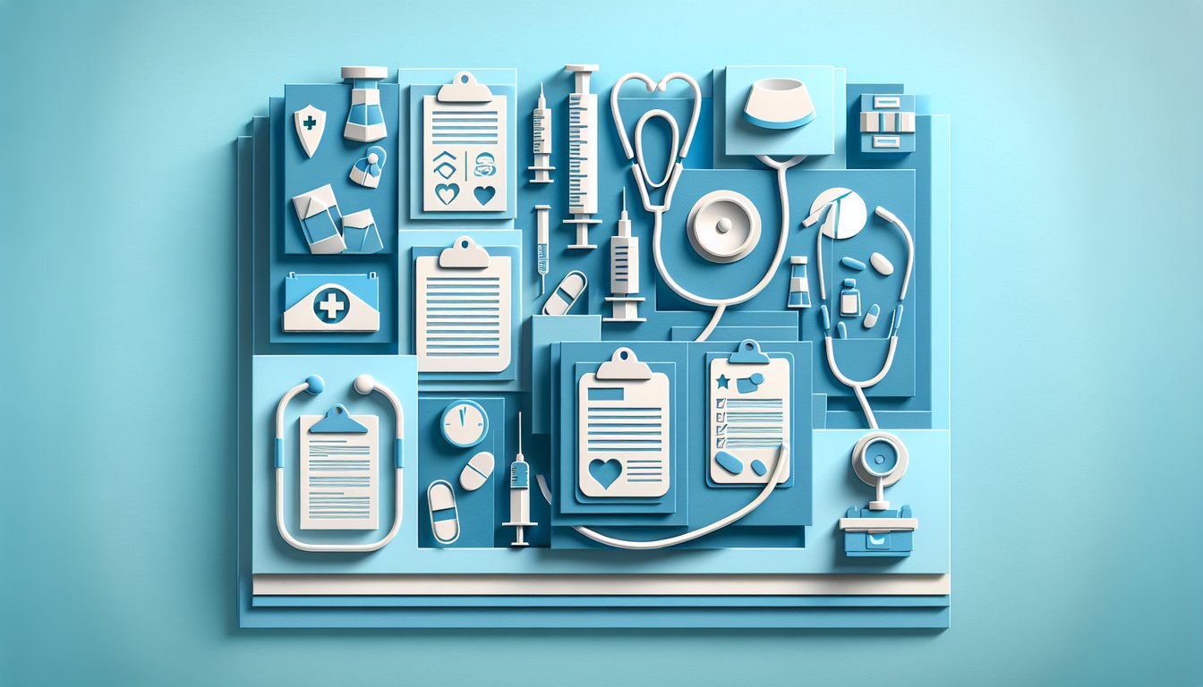 paper art stethoscope syringe test tubes and clipboard icons on sky blue background for medical career quiz
