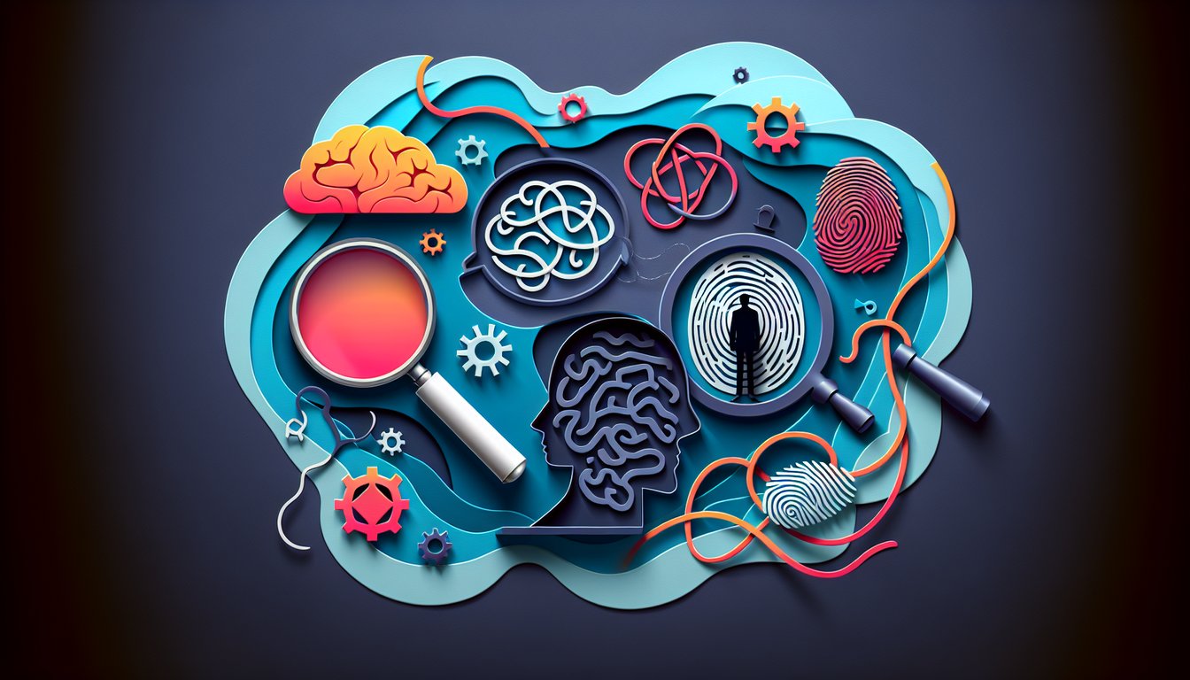 Paper art illustration for a personality quiz matching you with infamous figures on a dark blue background.