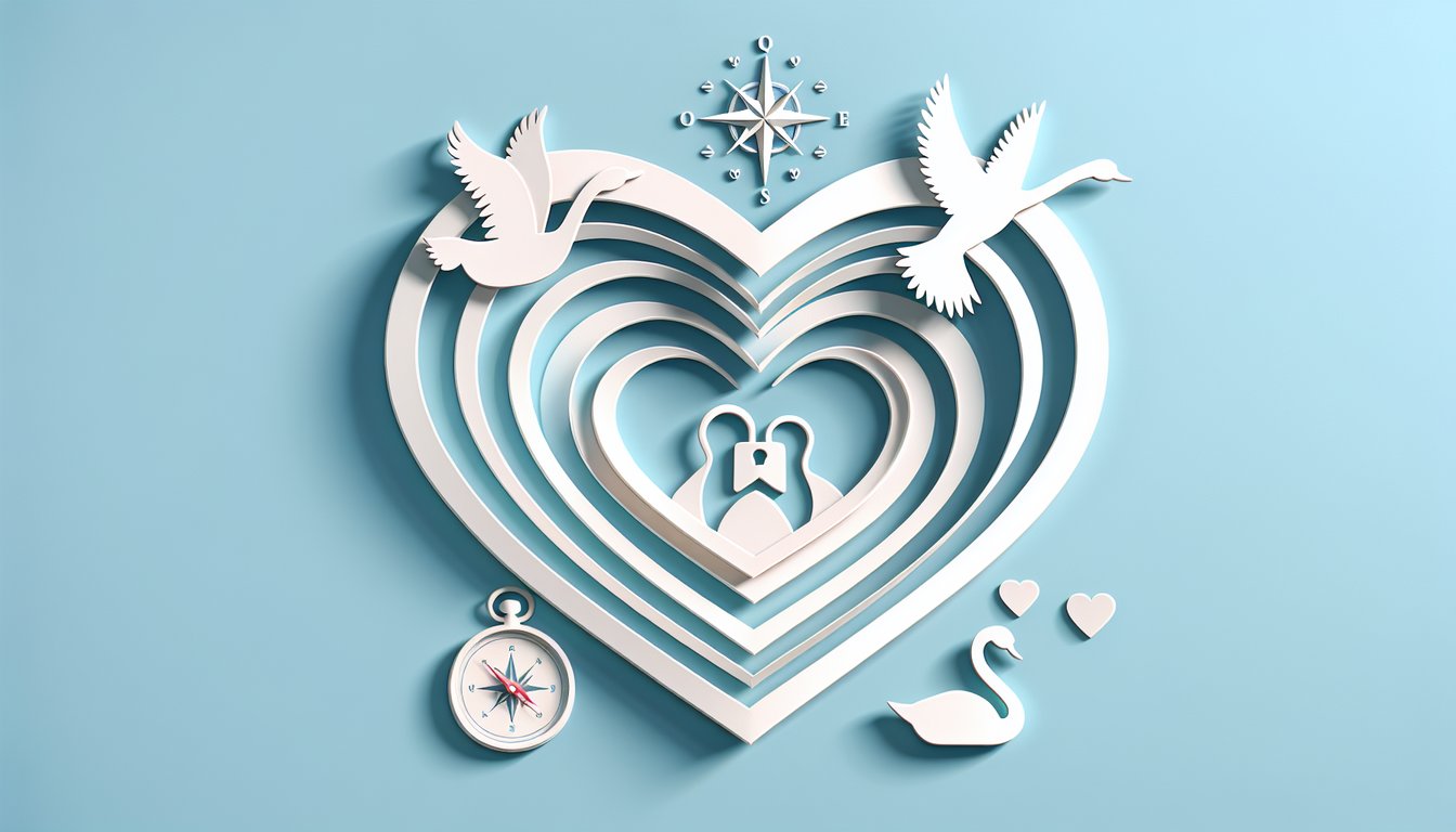 Paper art illustration for a relationship quiz on a sky blue background
