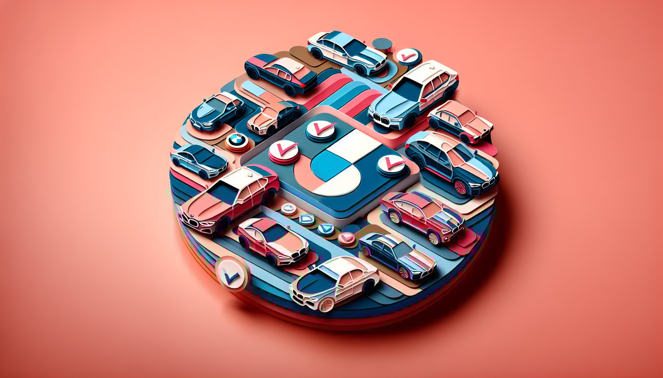 Paper art illustration for BMW quiz on matching model to style and personality on coral background