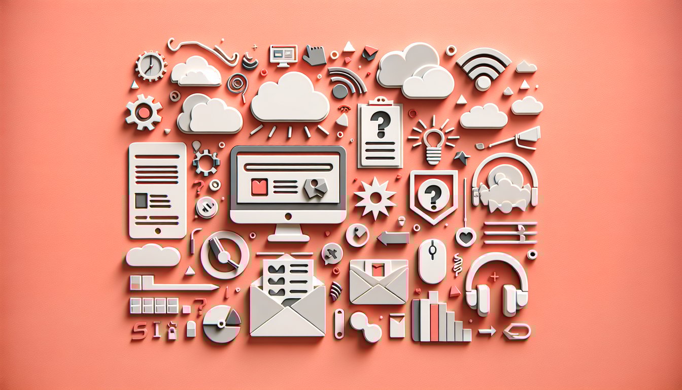 Paper art illustration showing laptop quiz icons pencils question marks confetti balloons on coral background