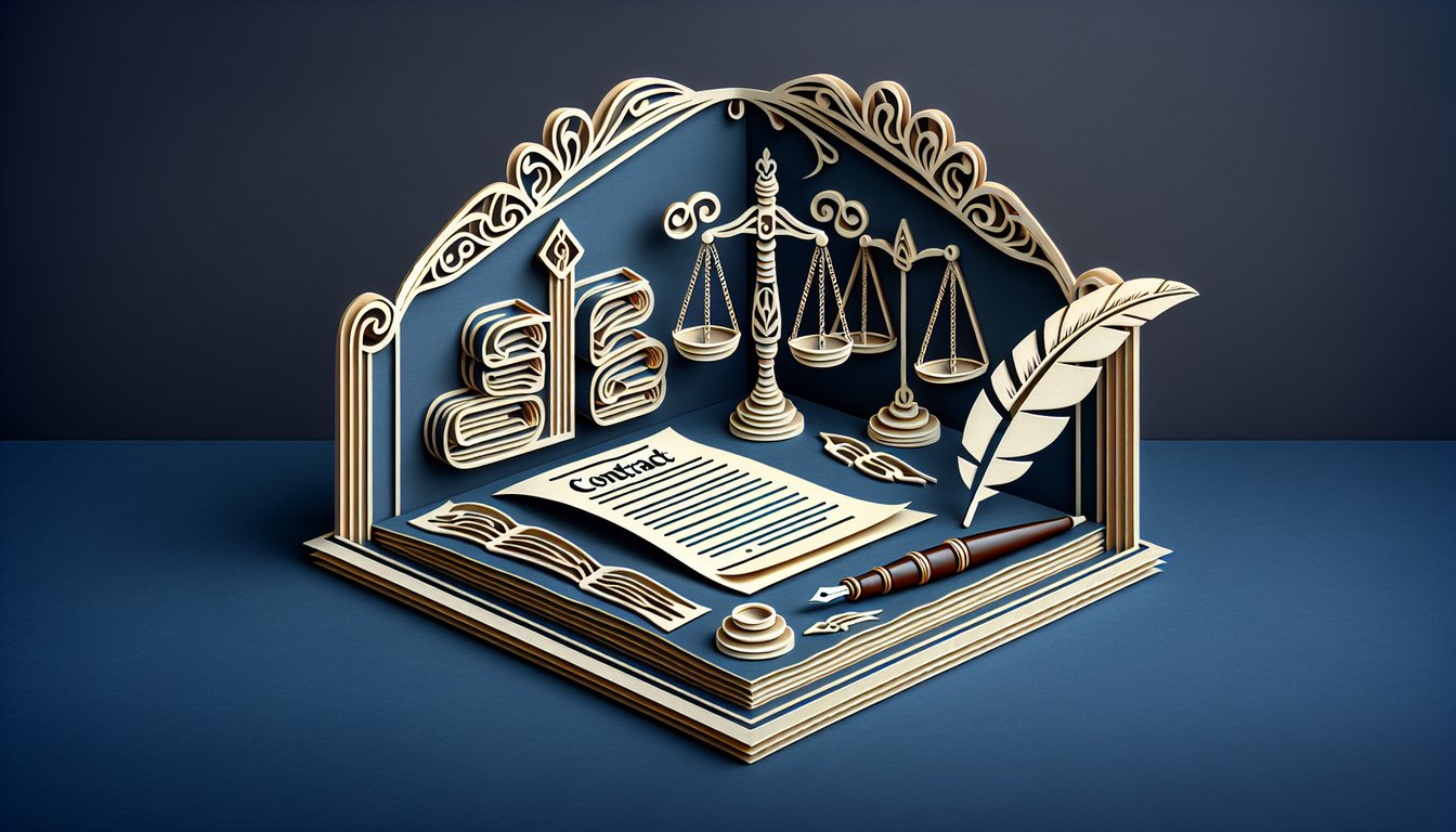 Paper art illustration of contract law quiz concept showing papers, scales of justice, pen on dark blue background.