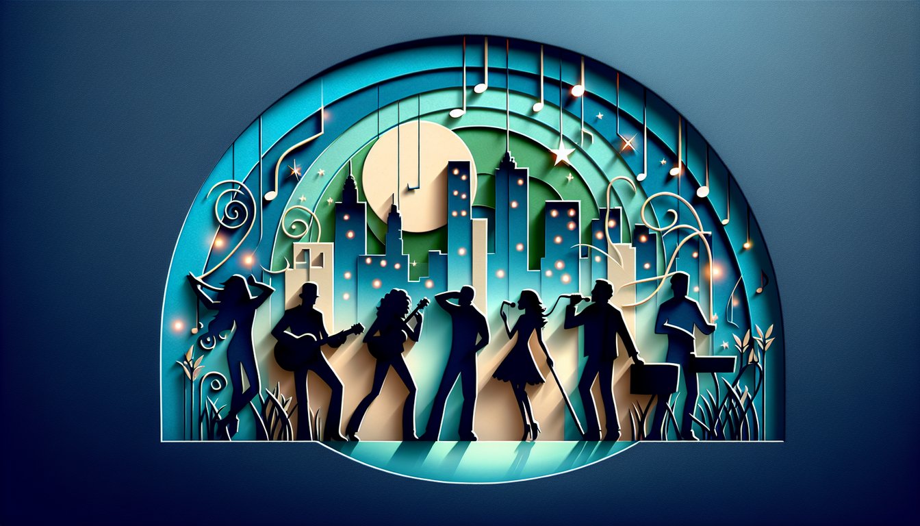 Paper art dancing couple with quiz text inviting users to find their La La Land character match on teal background.