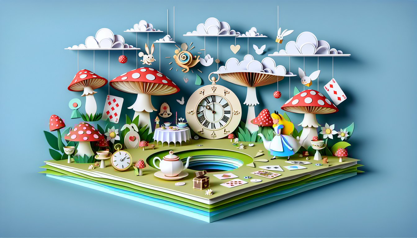 Paper art illustration of Alice White Rabbit and Mad Hatter in Wonderland tea party on sky blue background for trivia quiz