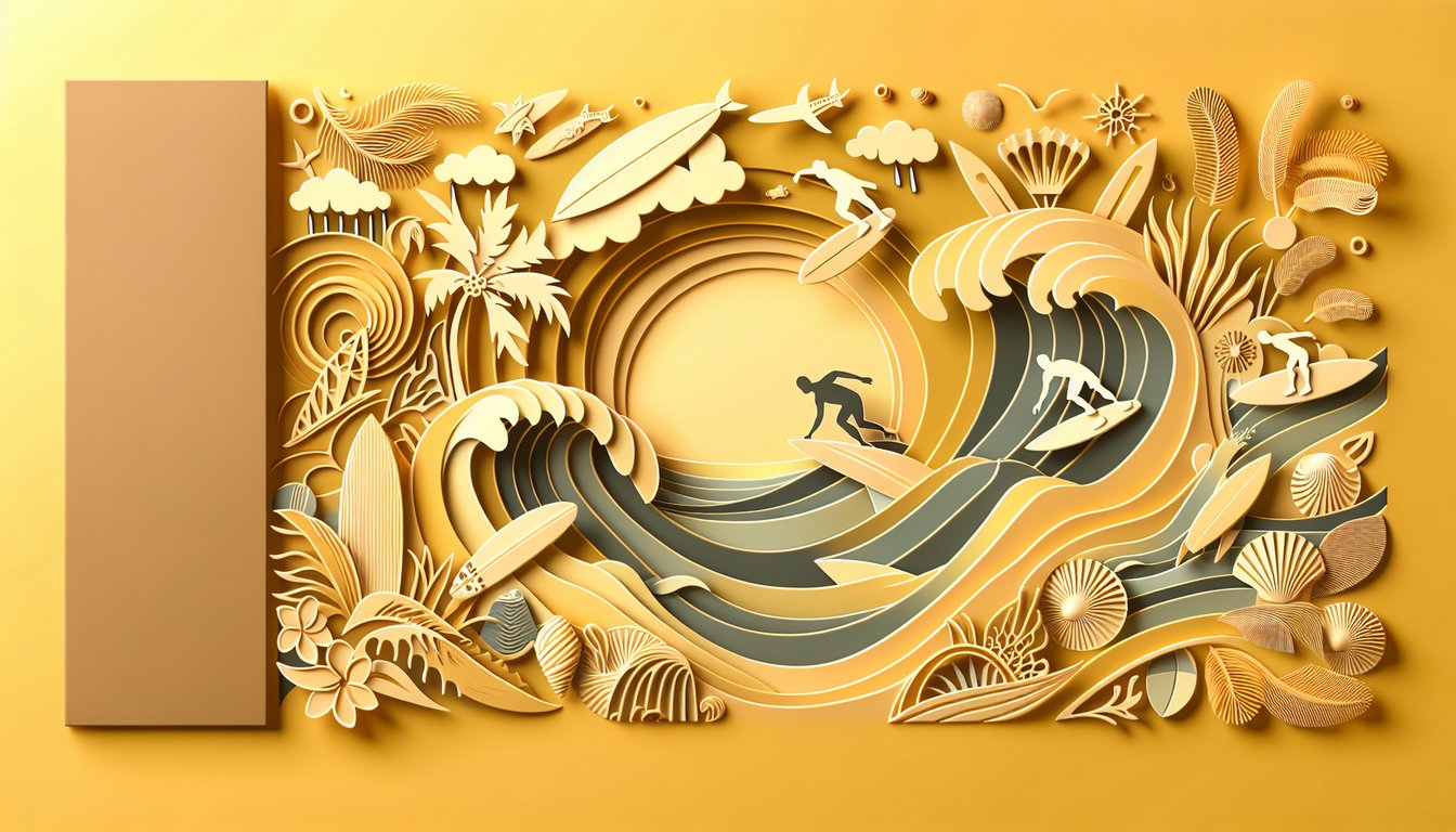 paper art surfboards, wave shapes, tropical leaves on golden yellow background promoting surfboard quiz