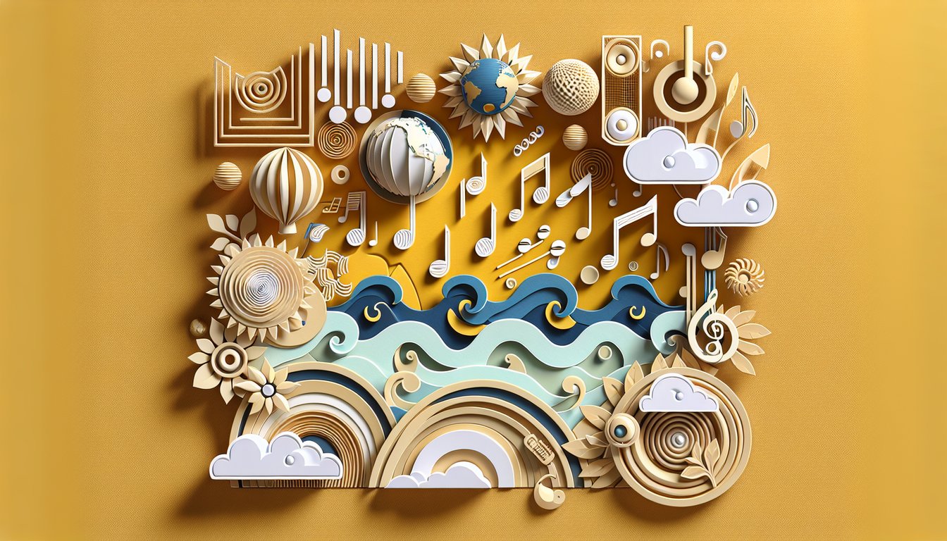 Paper art cutouts of stylized waves earth and music notes on golden yellow background