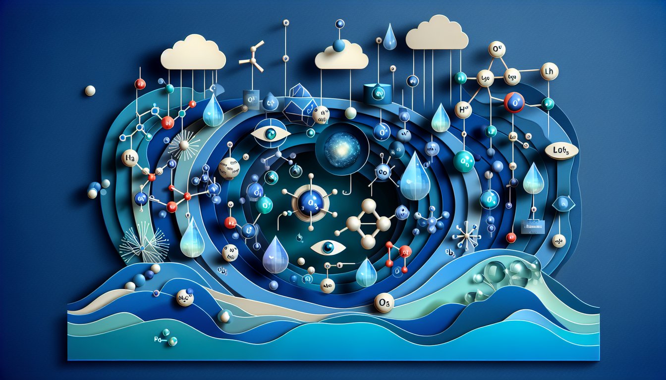 Paper art illustration of water droplets dissolving salt crystals with test tubes and molecule icons on dark blue background