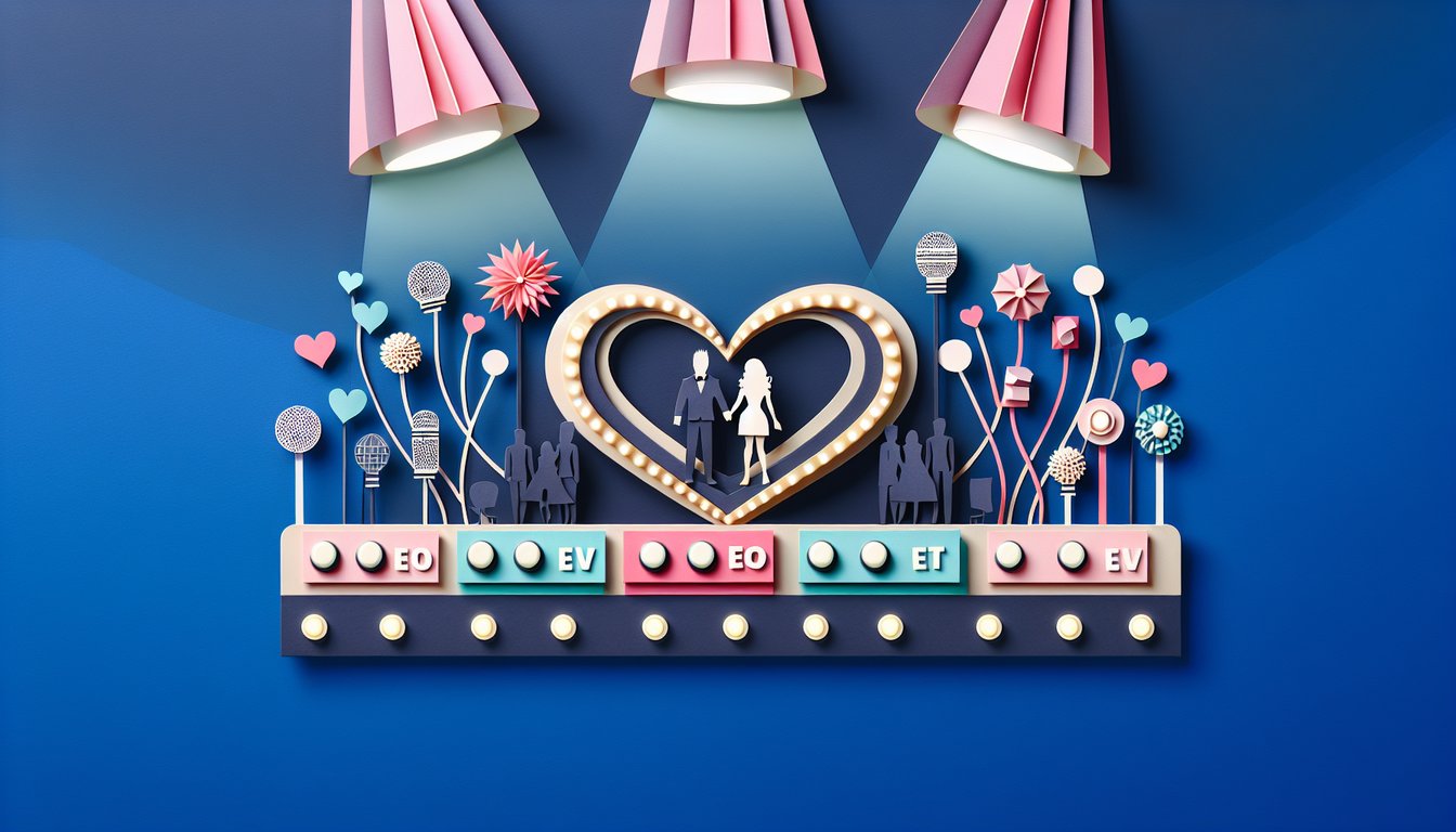 Colorful paper art depicting a couples quiz show theme