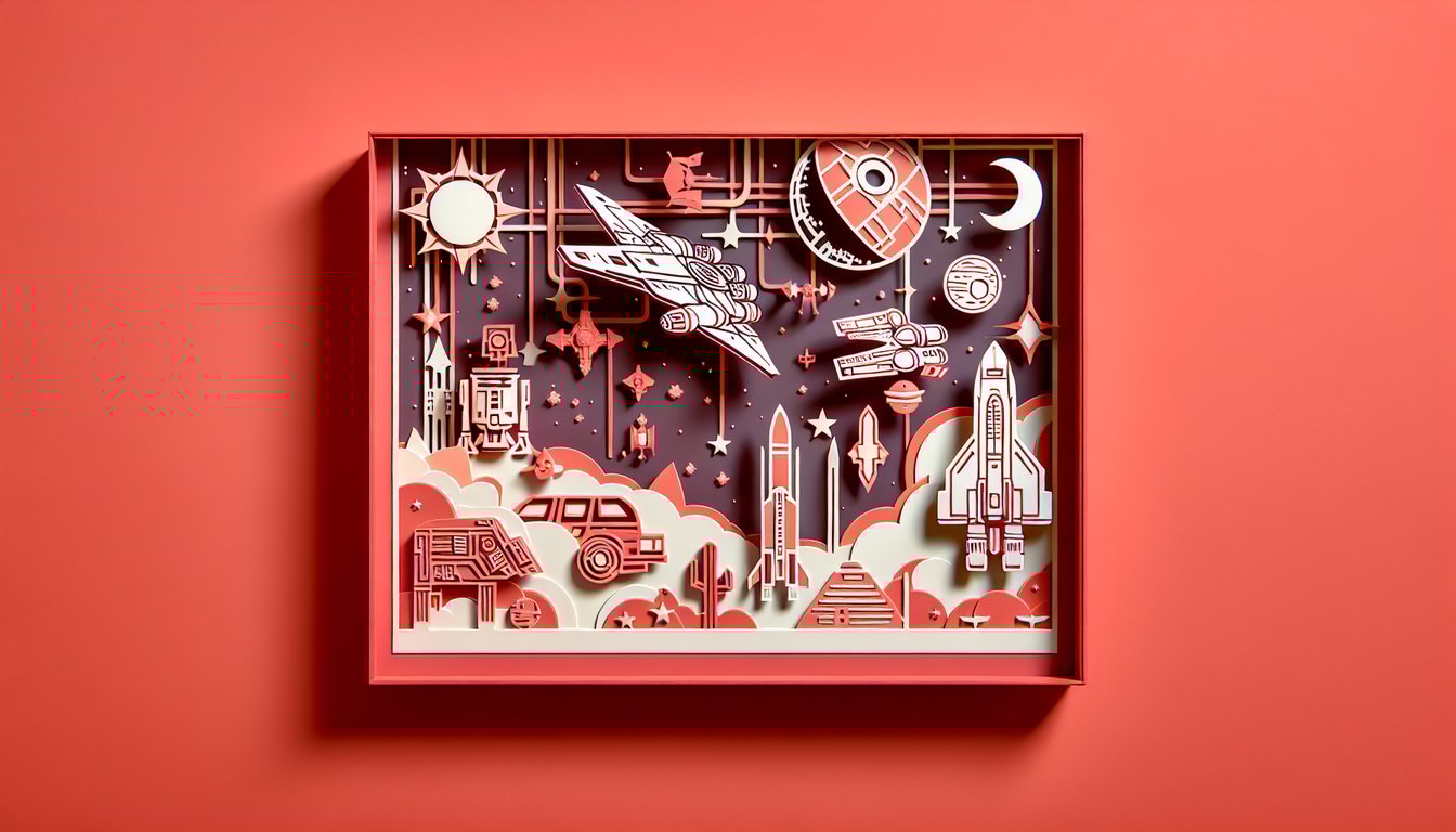 Paper art illustration for Star Wars species personality quiz on a coral background