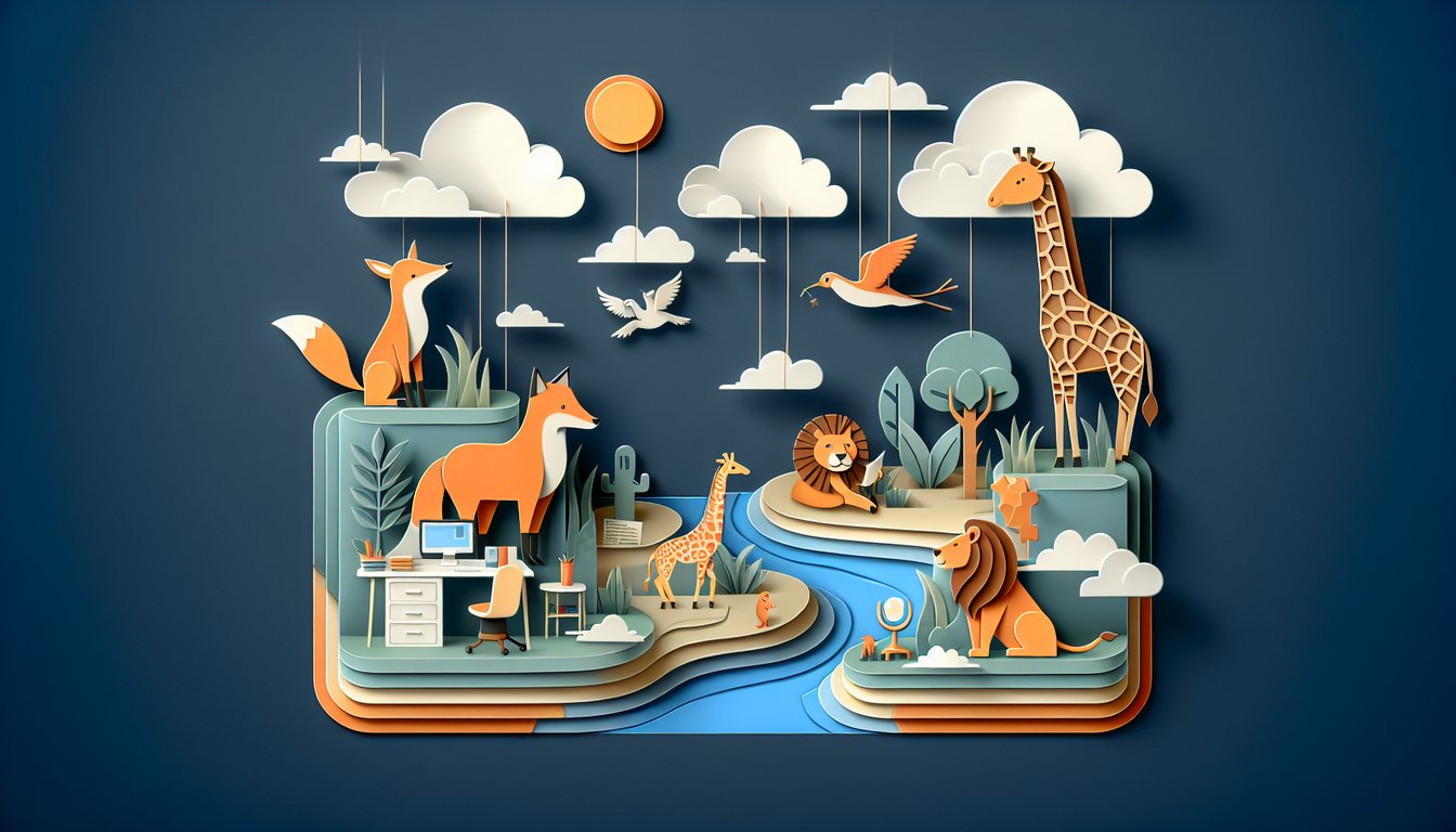 Paper art quiz illustration featuring fox, giraffe, lion on dark blue background.