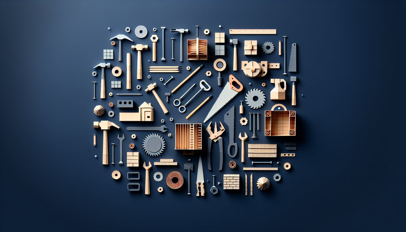 Colorful paper art depicting various construction tools for a knowledge test