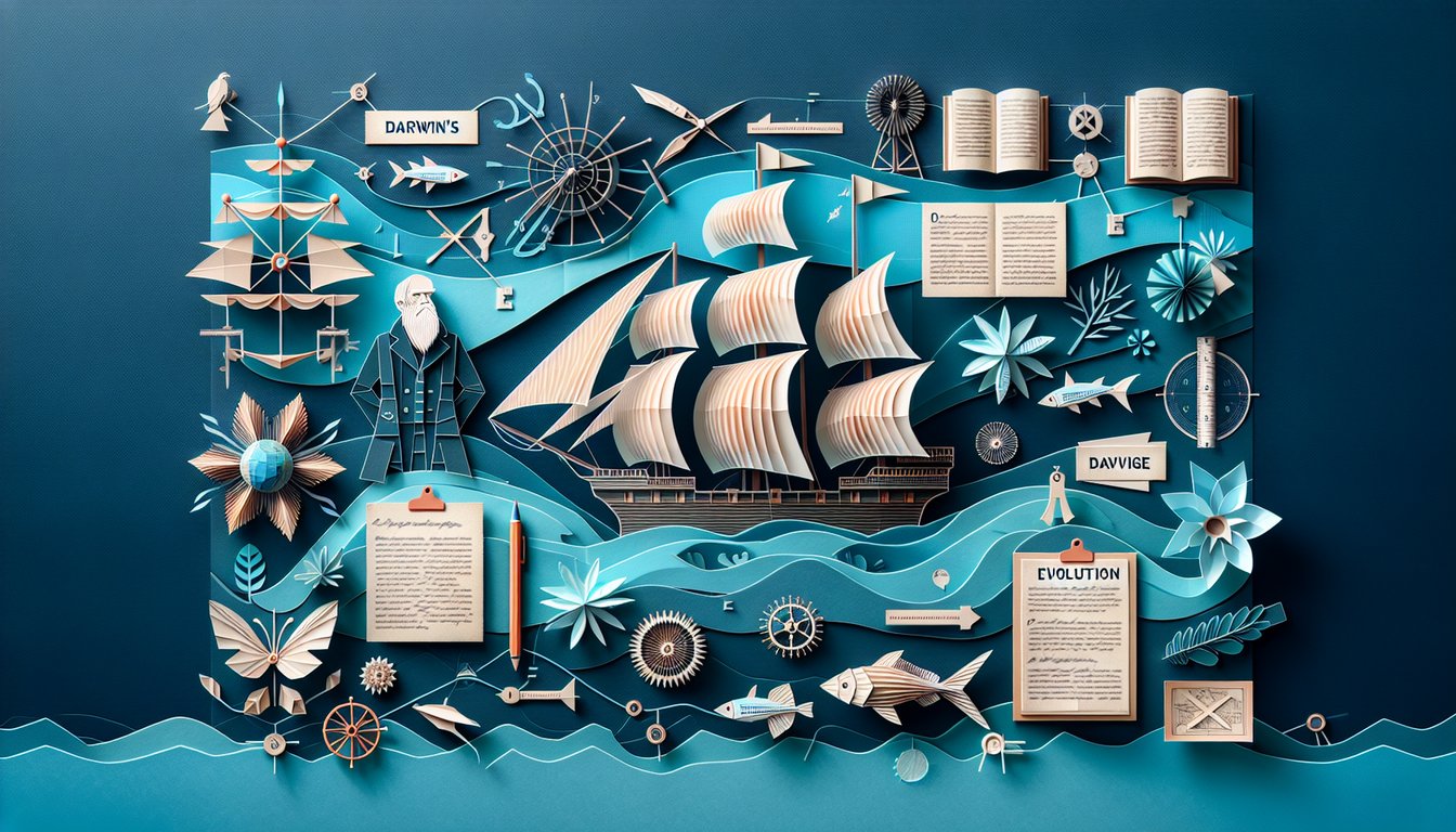 Colorful paper art promoting Darwins Voyage Unlocked, a high school biology quiz.