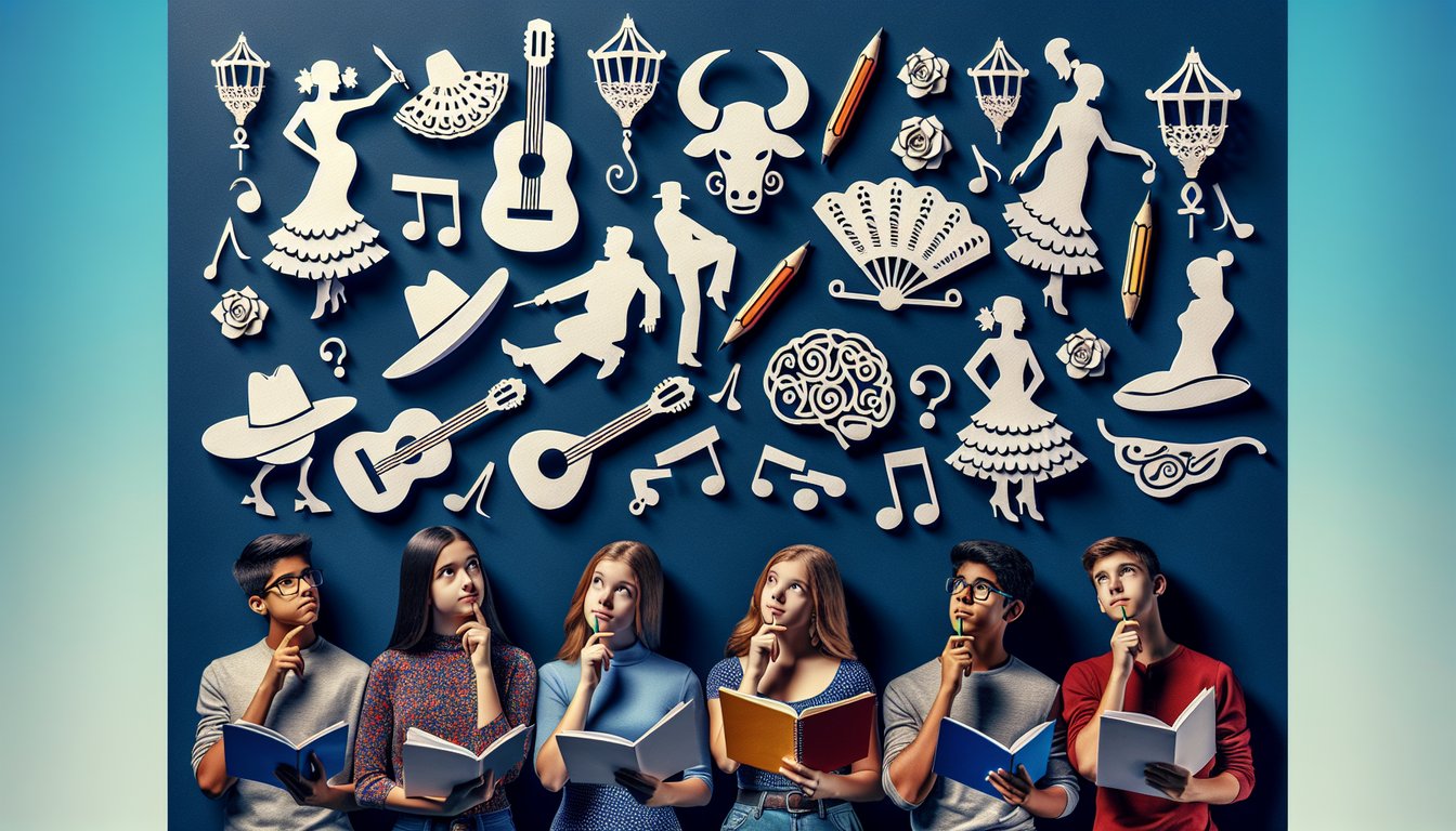 Colorful paper art celebrating the Resumen Esencial Spanish language practice quiz for high school students.
