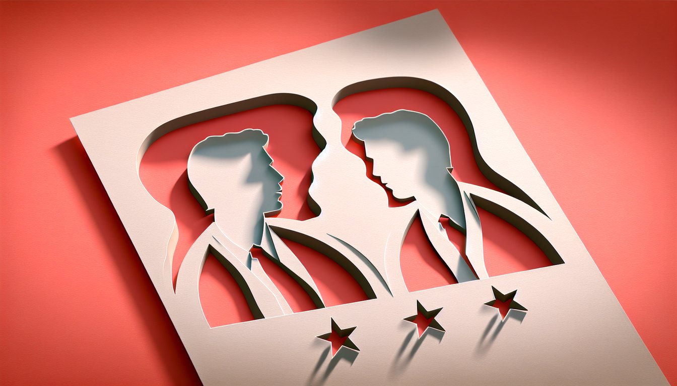 Paper art silhouettes of male faces and stars on coral background promoting free celebrity look alike quiz