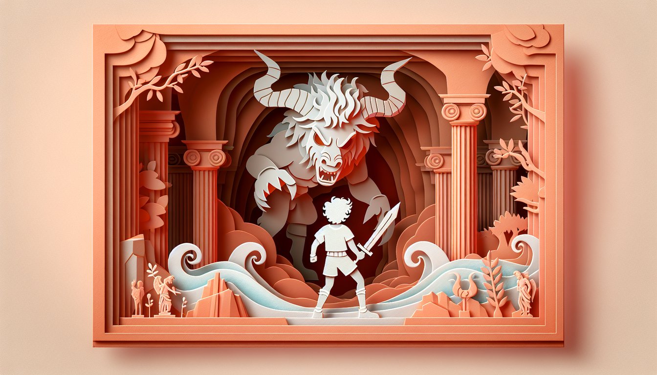 Paper art illustration featuring quiz lightning thief chapter 9 questions challenge percy jackson theme on coral background