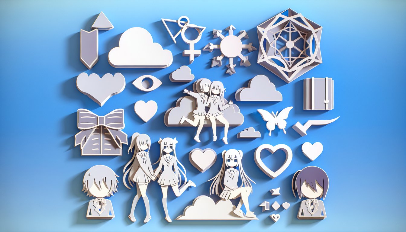 Paper art illustration of two girls embracing surrounded by hearts and books for Yuri anime quiz on sky blue background