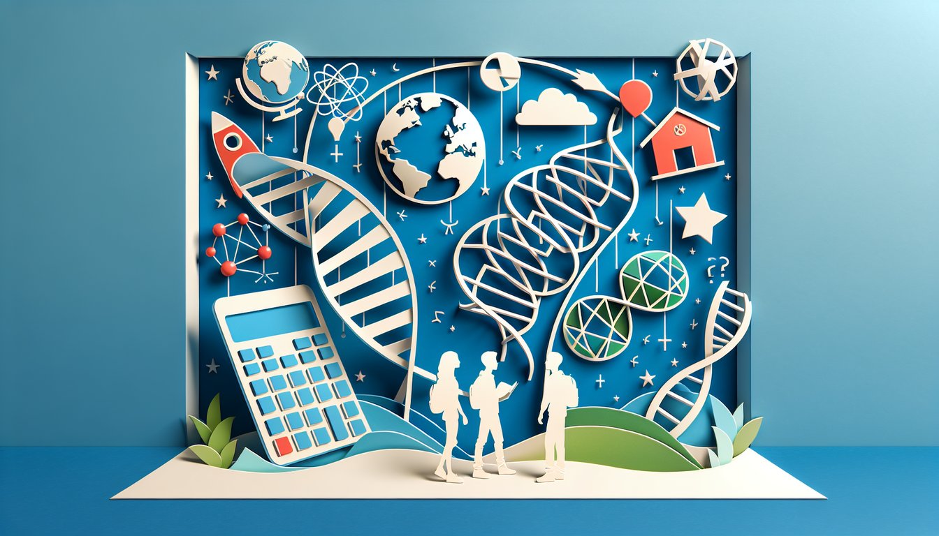 Paper art illustration for academic quiz challenge on a sky blue background