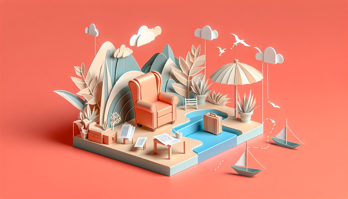Paper art illustration of quiz title Am I Emotionally Ready to Retire with checklist elements on coral background