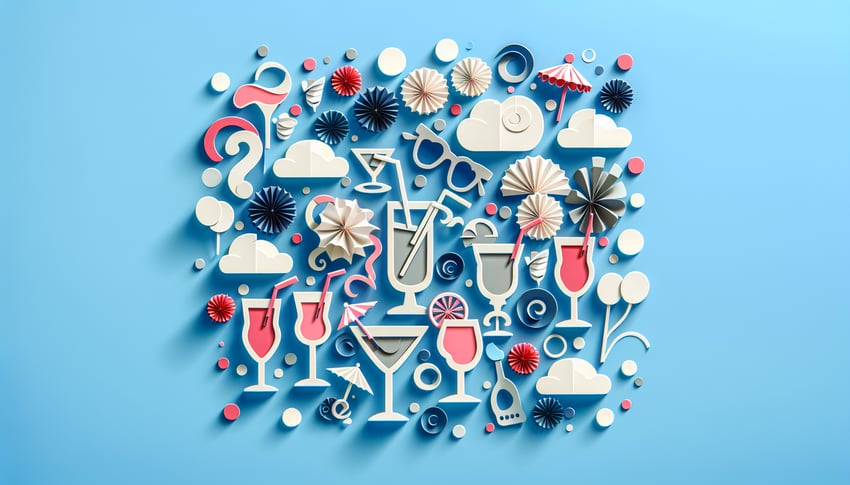 Hangover personality quiz illustration featuring Phil, Stu, Alan, Doug on a sky blue background.